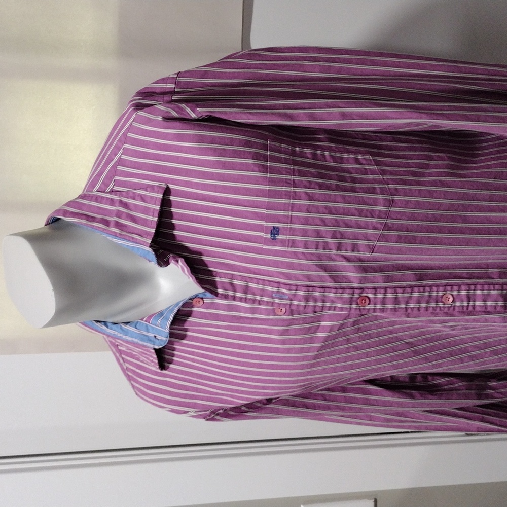 Ted Baker mens well loved purple and brown vertical stripes cotton shirt. Large